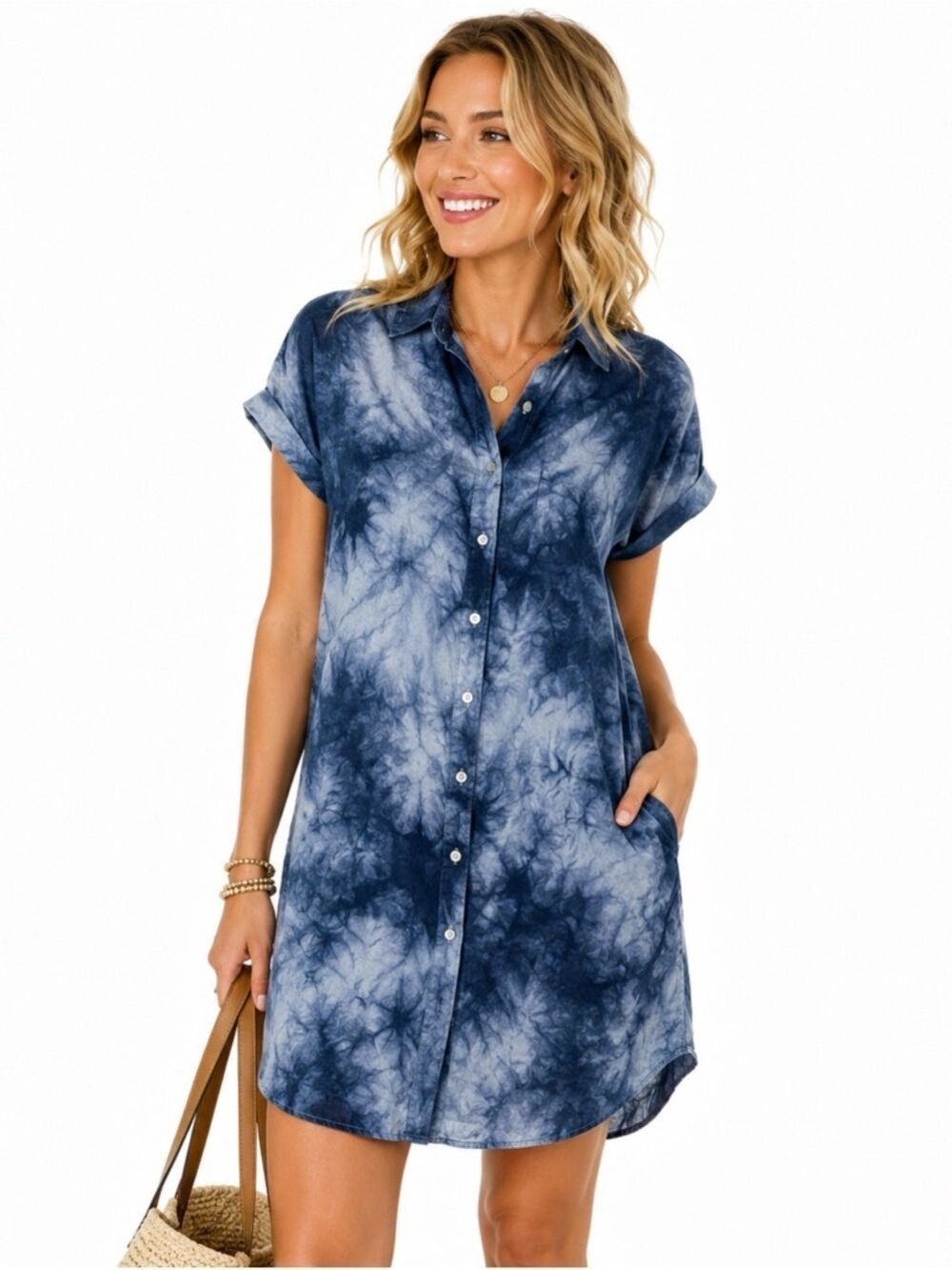 Cynthia Rowley 100% Blue Tie Die Short Button Front T Shirt Dress Size XS